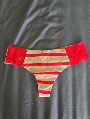 PINK Victoria's Secret Red & Cream Striped Lace-Panel Thong NWT!